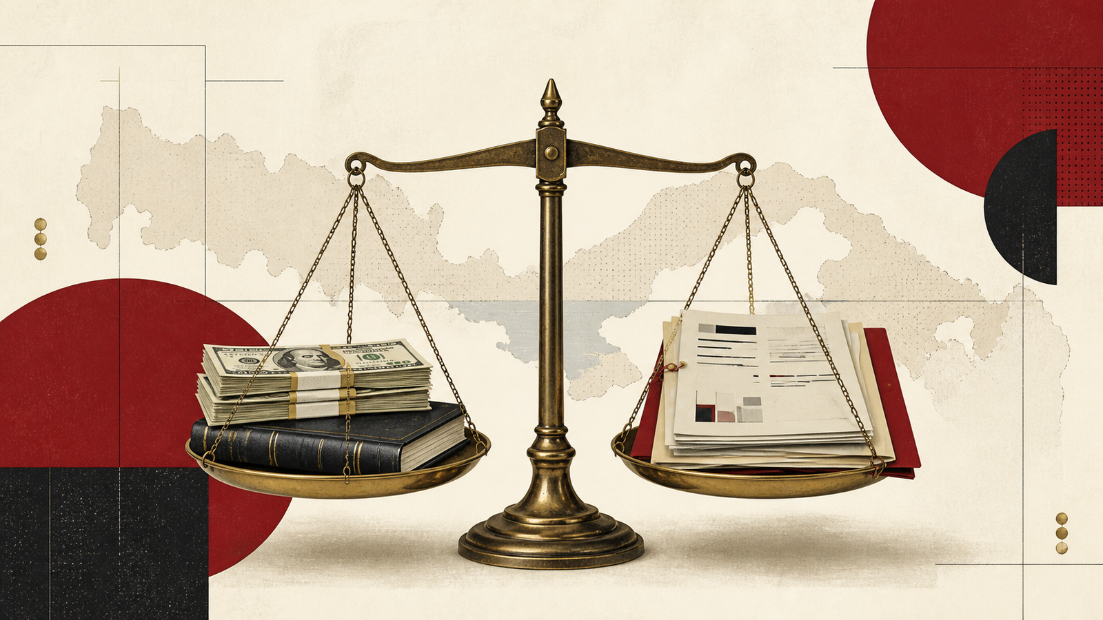 Ilustración conceptual de una balanza con dólares y expedientes públicos