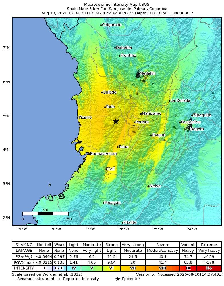 Mapa del USGS con el epicentro y la intensidad del terremoto de Colombia