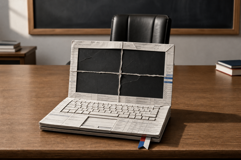 Una laptop construida con documentos de contratación frente a una silla vacía, ilustración sobre las compras del Meduca