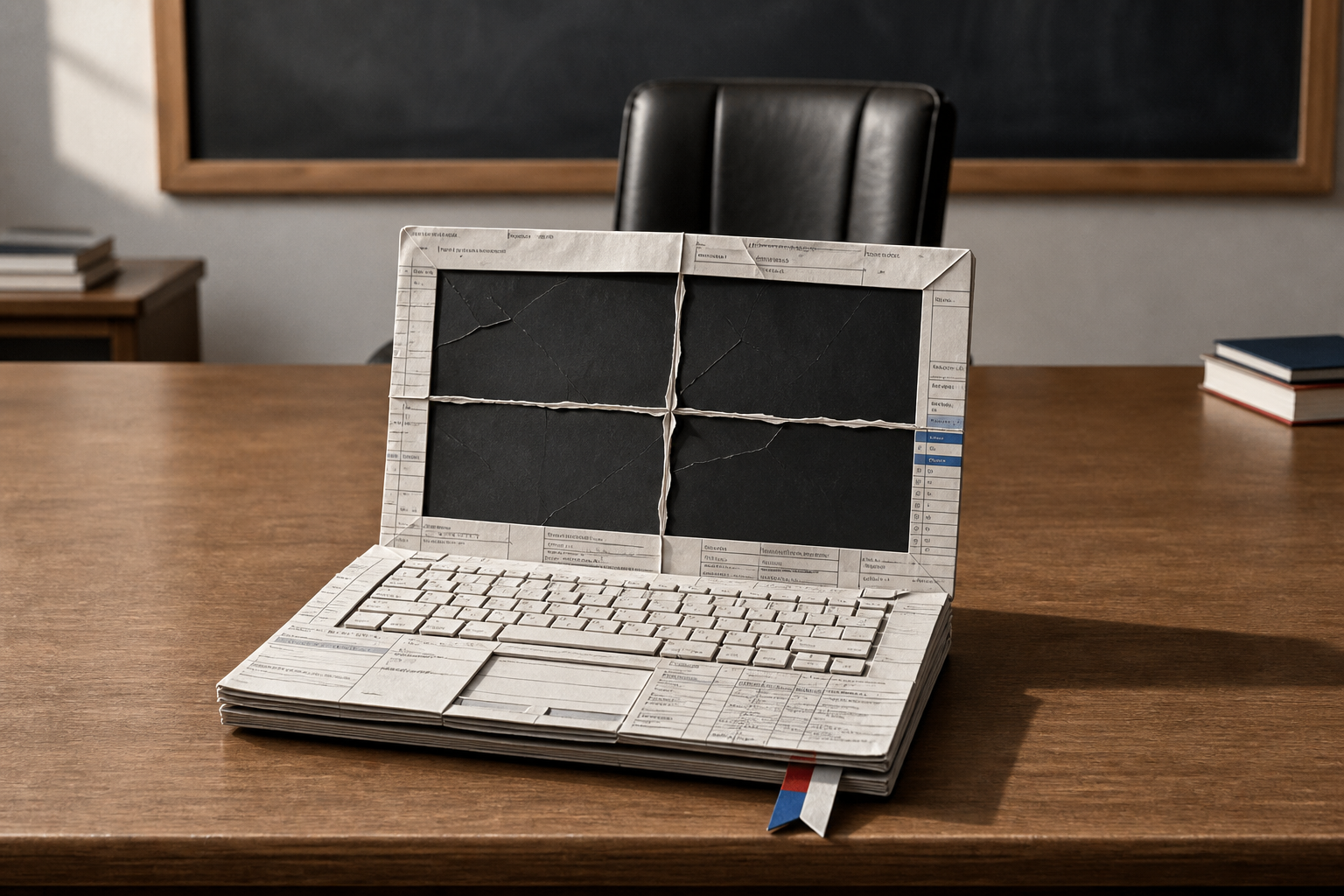 Una laptop construida con documentos de contratación frente a una silla vacía, ilustración sobre las compras del Meduca