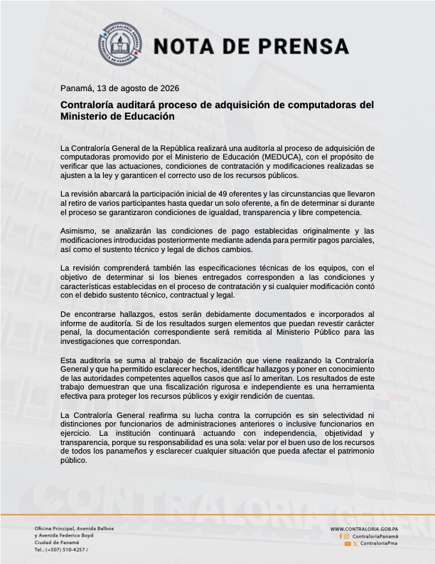 Nota de prensa de la Contraloría sobre la auditoría al proceso de adquisición de computadoras del Meduca