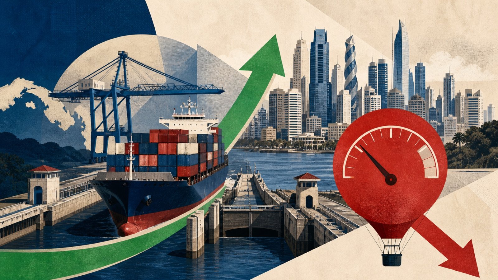 Ilustración editorial del Canal de Panamá, un buque portacontenedores, una flecha económica ascendente y un indicador de precios descendente