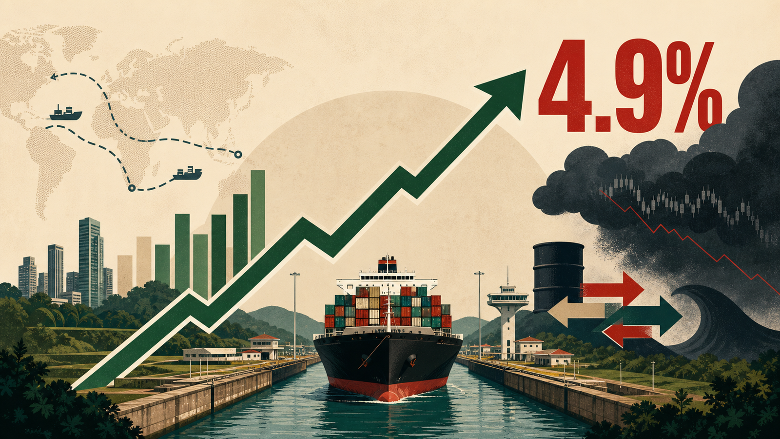 Ilustración del crecimiento de Panamá de 4,9 por ciento frente a riesgos del comercio y la energía