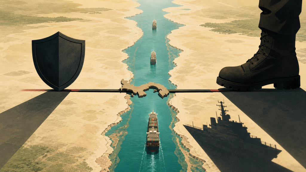 Ilustración del Canal de Panamá entre un escudo protector y la sombra de una presencia militar