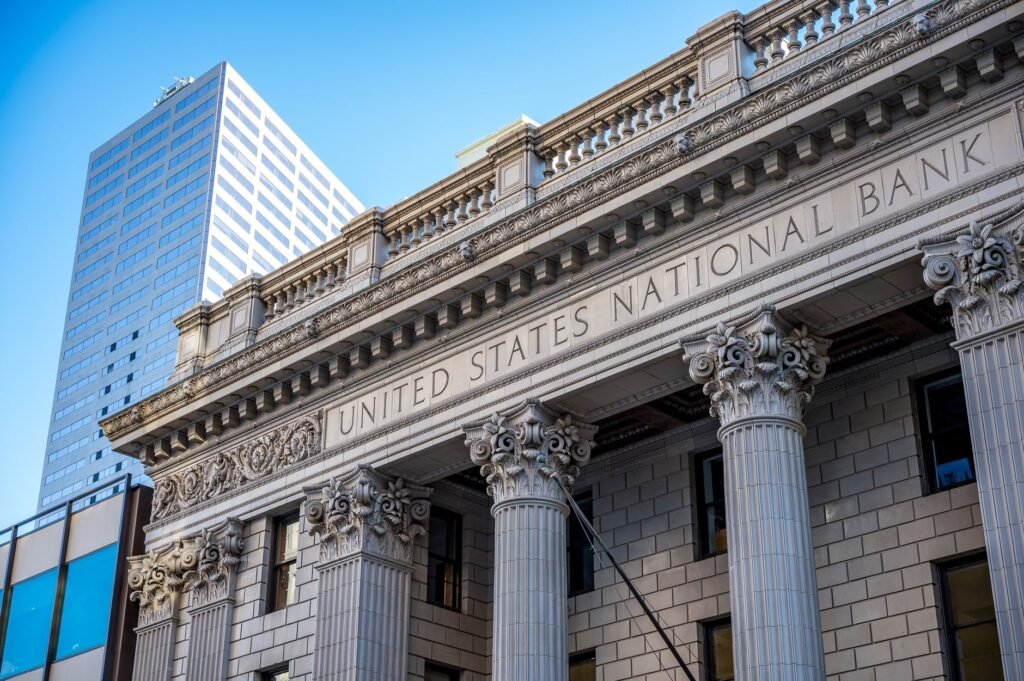 facade of old bank with columns