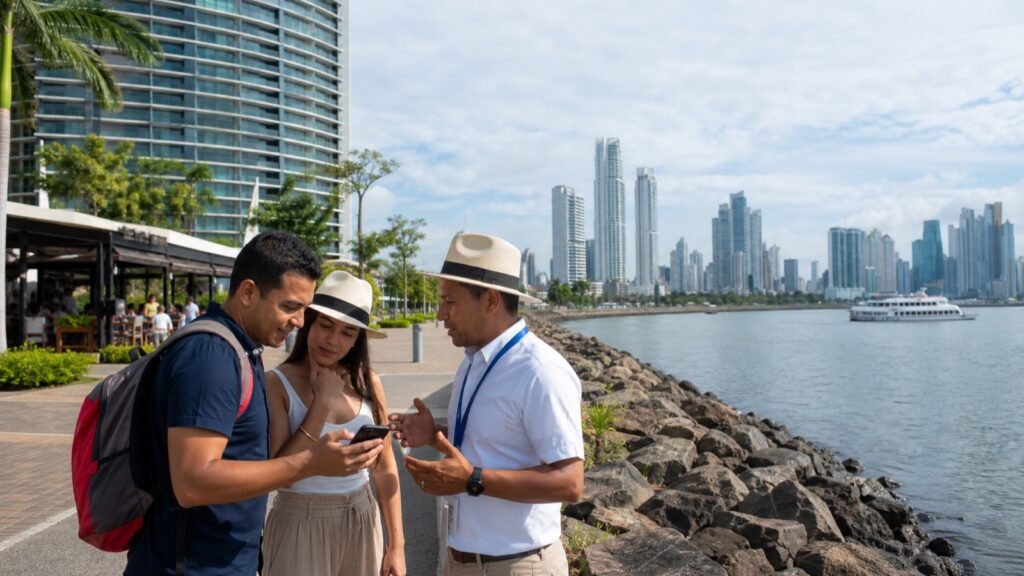 Visitantes conversan con un guía frente a la bahía y los edificios de Ciudad de Panamá