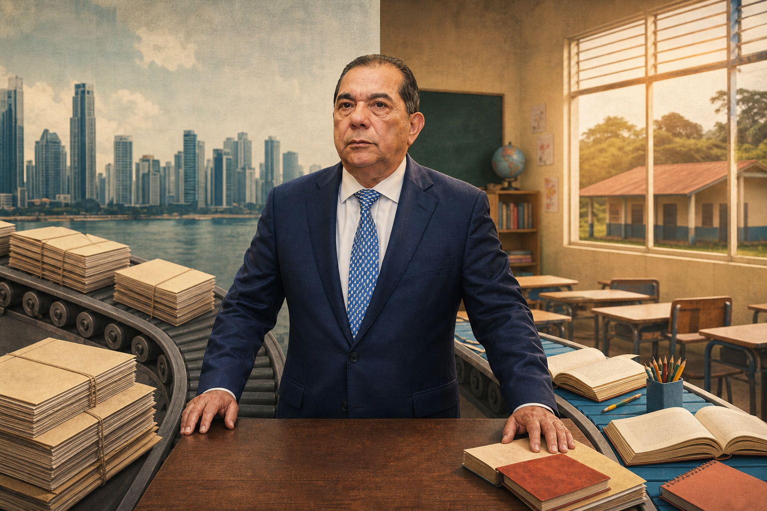 Ilustración editorial de Ventura Vega entre expedientes, libros y escuelas de Panamá